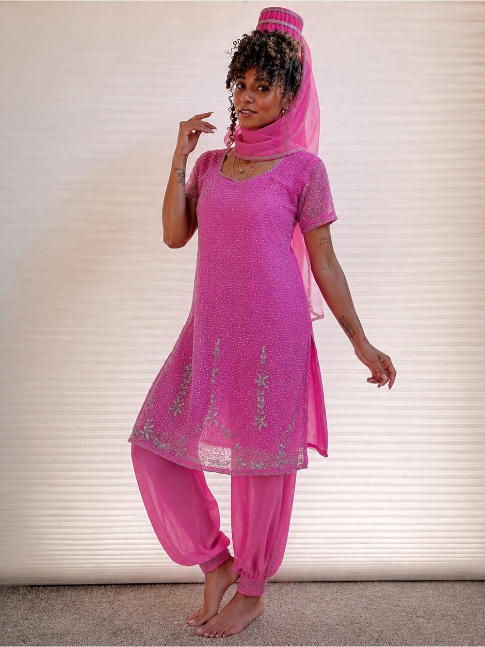 Vintage Fuchsia Hand-Beaded Sequin Chiffon Tunic Dress